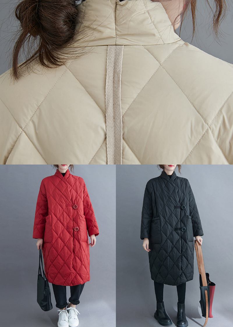 Roter Langer Parka Mit Knopftaschen Und Baumwollfüllung In Übergröße Für Den Winter - Damen-Wintermäntel