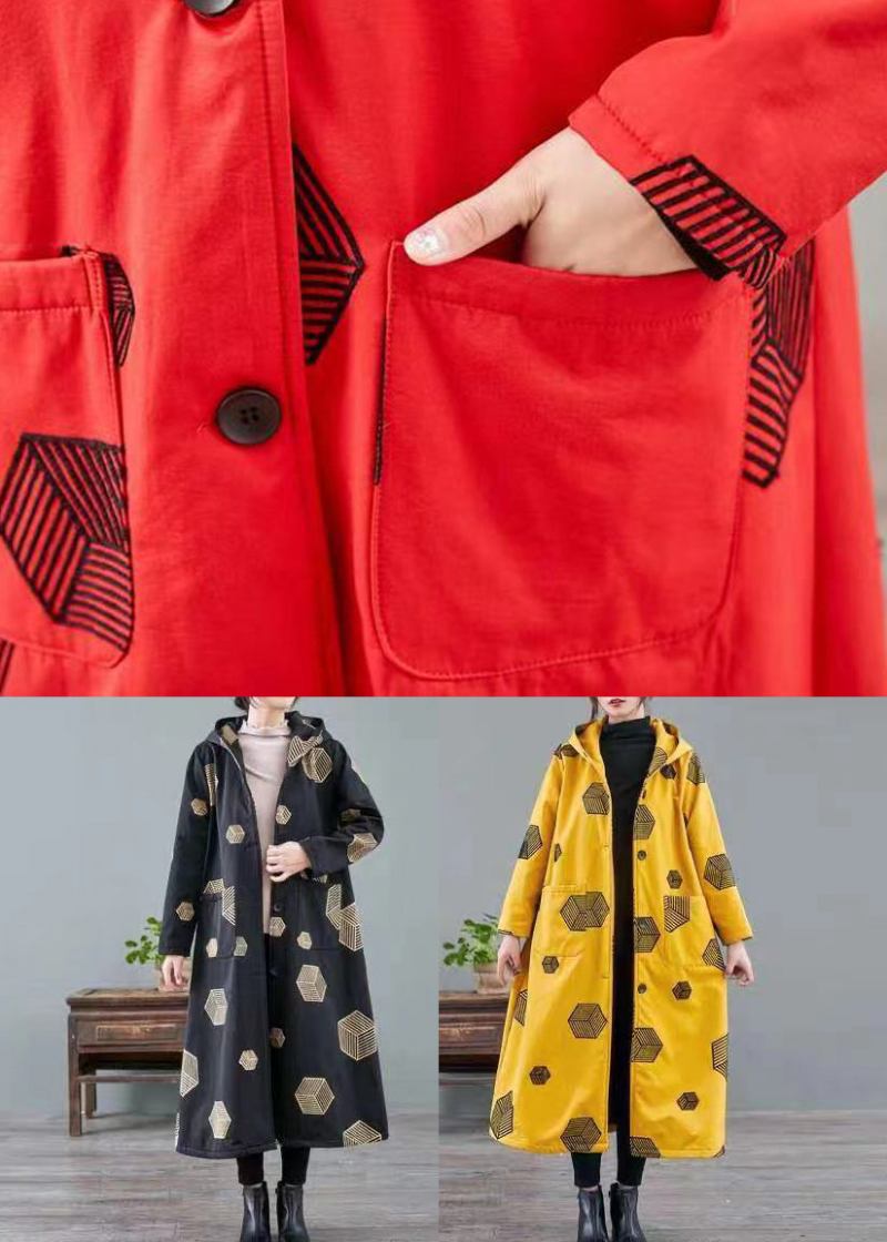 Roter Patchwork-kapuzenmantel Mit Taschen Und Druck Für Den Winter - Damen-Wintermäntel