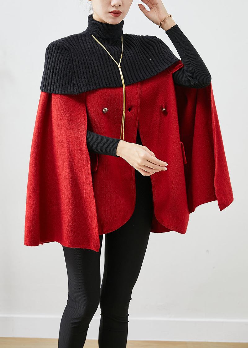 Roter Patchwork-wollmantel Mit Stehkragen Und Ärmeln Aus Strick Für Damen