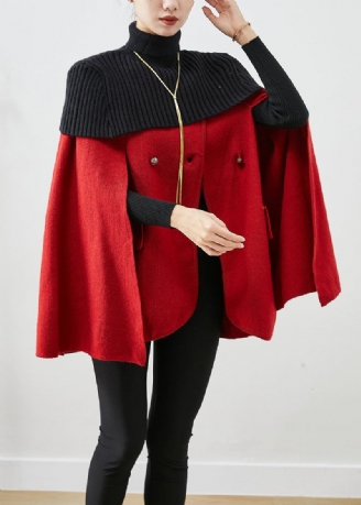 Roter Patchwork-wollmantel Mit Stehkragen Und Ärmeln Aus Strick Für Damen