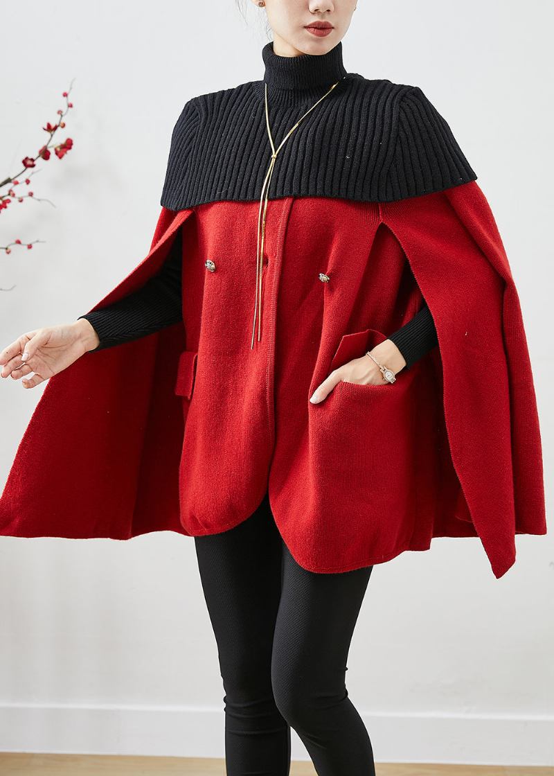 Roter Patchwork-wollmantel Mit Stehkragen Und Ärmeln Aus Strick Für Damen - Damen-Wintermäntel