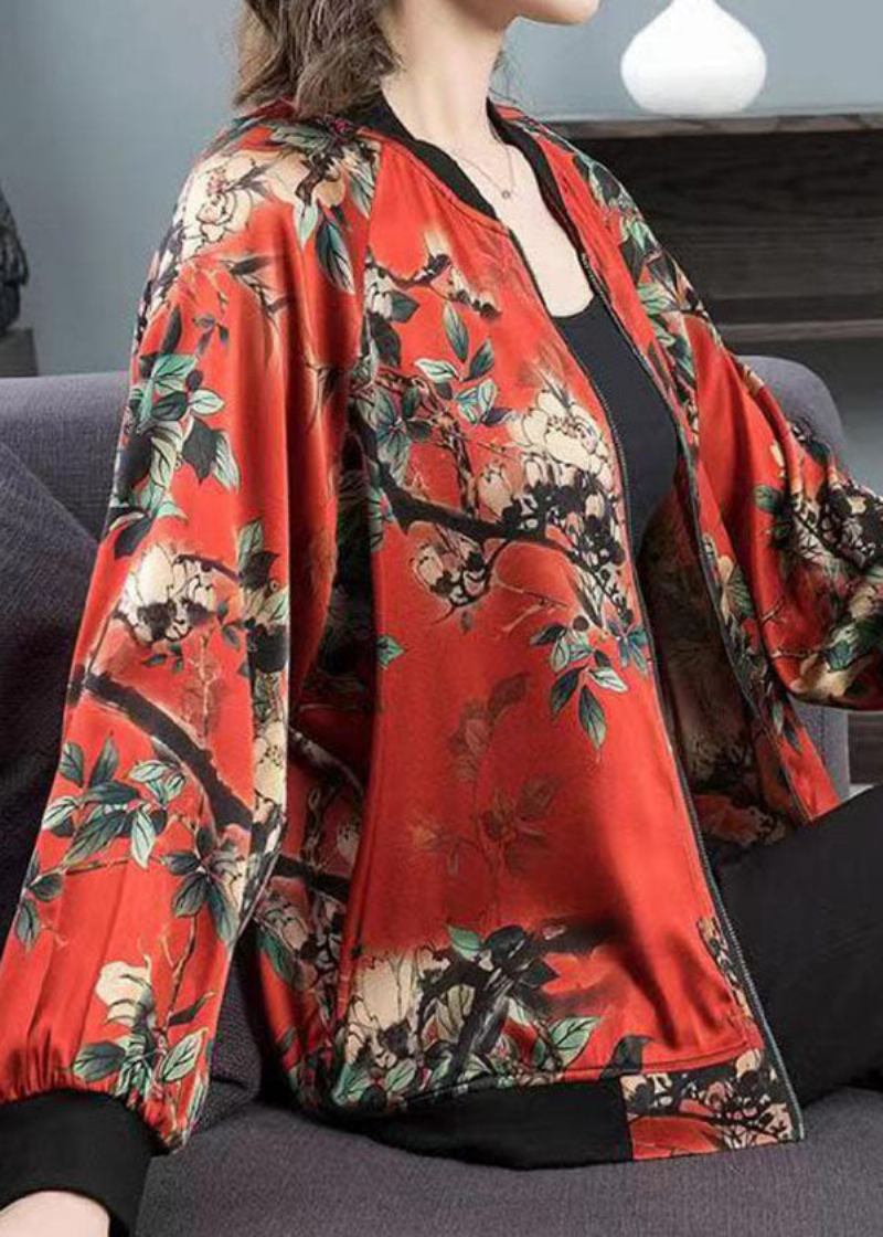 Roter Rundhals Print Reißverschluss Patchwork Seidenjacke Frühling - Damen-Wintermäntel