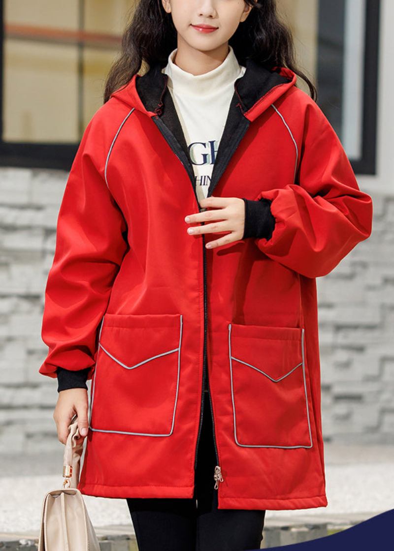 Roter Übergroßer Warmer Fleece-trenchcoat Mit Taschen Für Den Winter