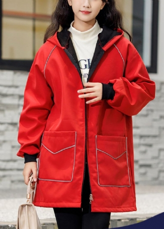 Roter Übergroßer Warmer Fleece-trenchcoat Mit Taschen Für Den Winter