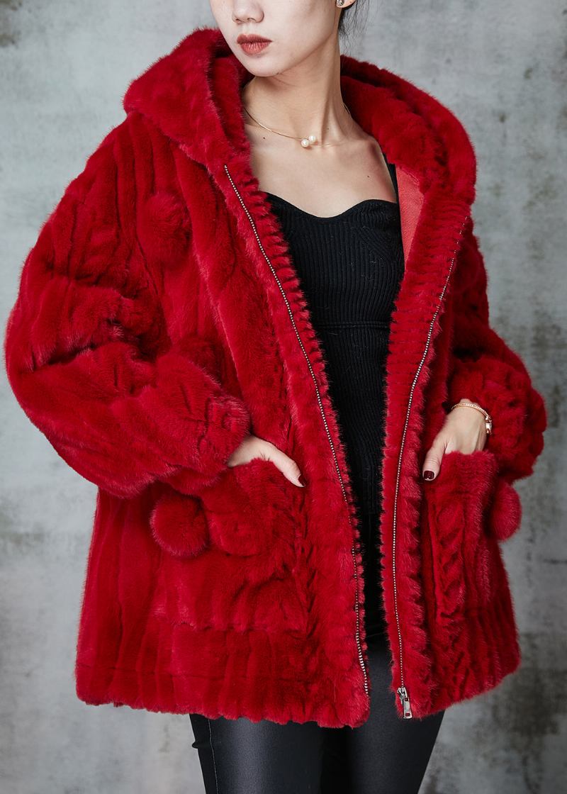 Roter Warmer Flauschiger Pelzmantel Mit Flauschigem Balldekor Frühling - Damen-Wintermäntel