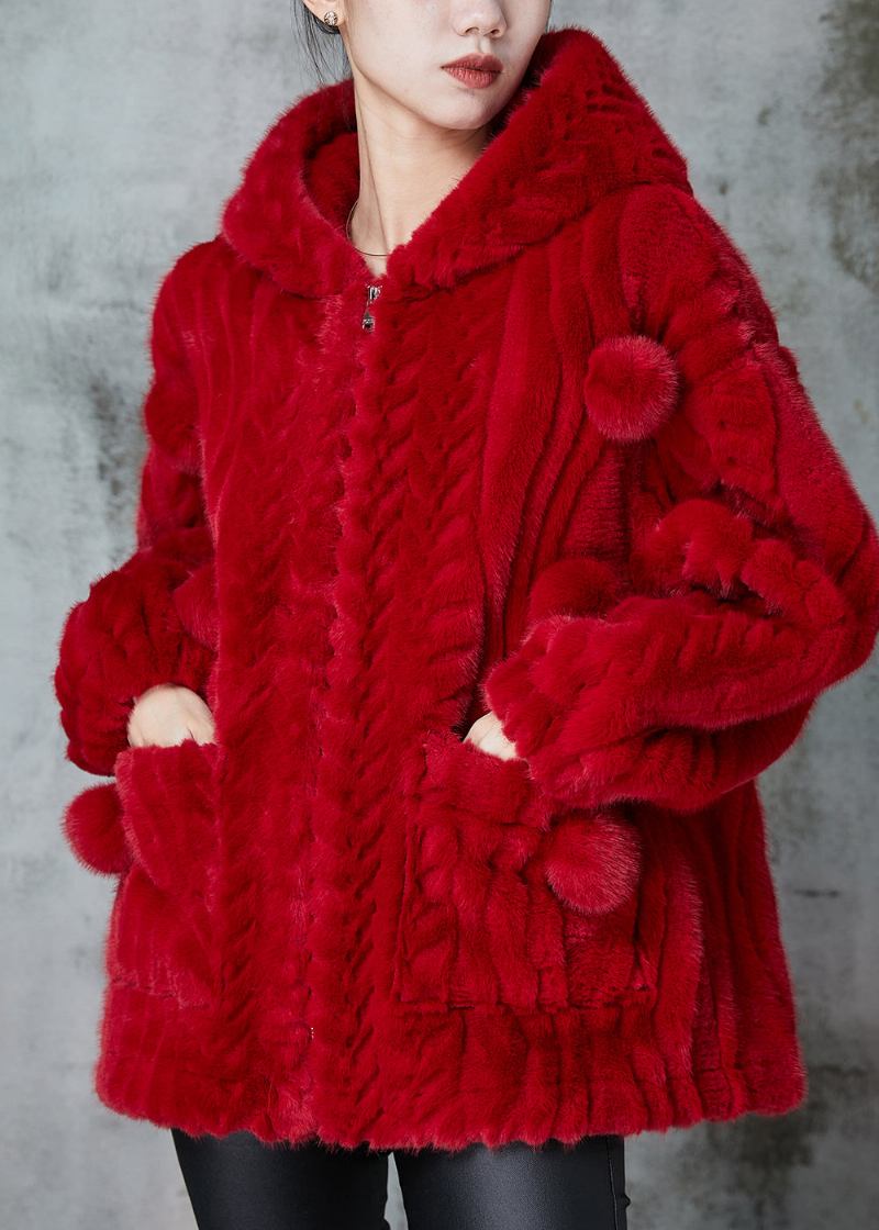 Roter Warmer Flauschiger Pelzmantel Mit Flauschigem Balldekor Frühling - Damen-Wintermäntel