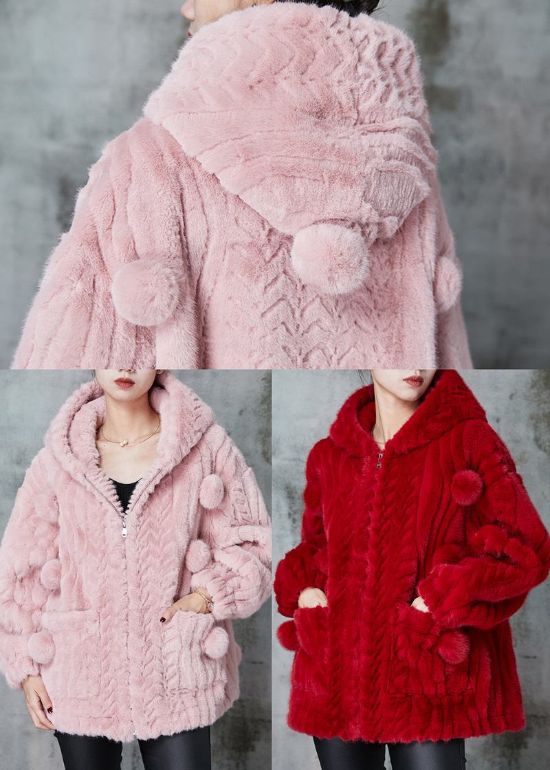 Roter Warmer Flauschiger Pelzmantel Mit Flauschigem Balldekor Frühling - Damen-Wintermäntel