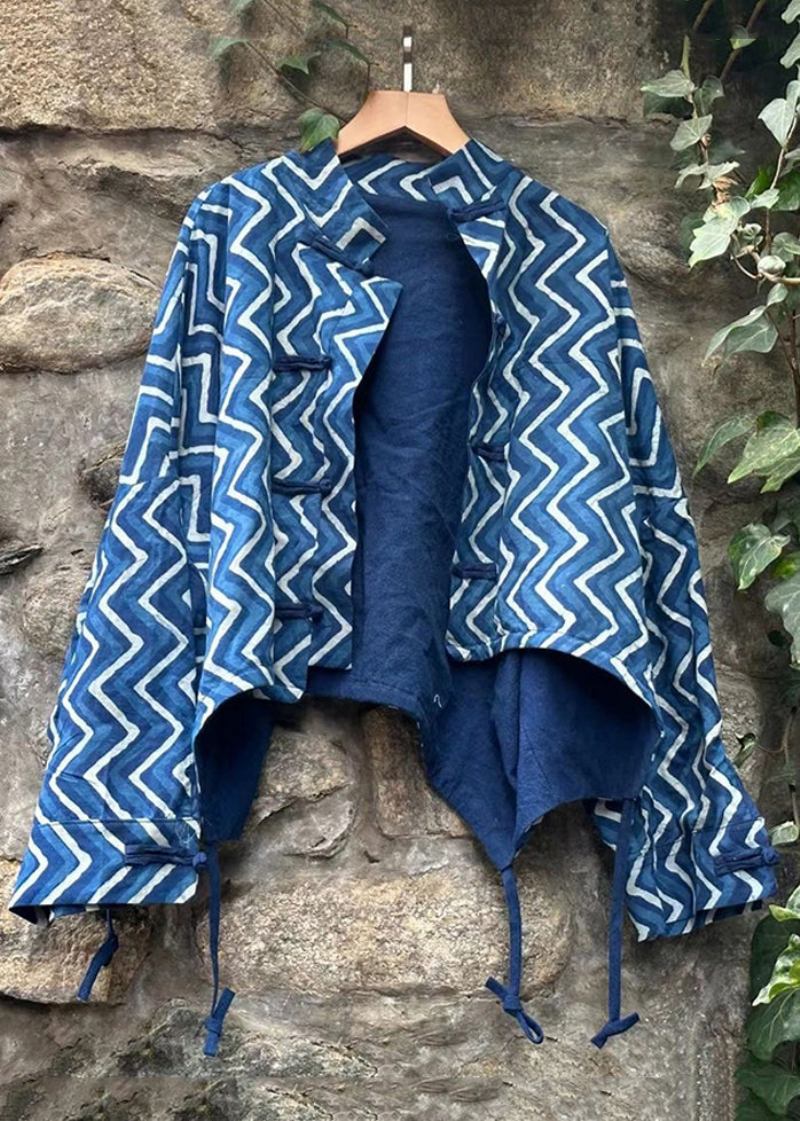 Schicke Blaue Patchwork-baumwollmäntel Mit Knopfleiste Für Den Herbst