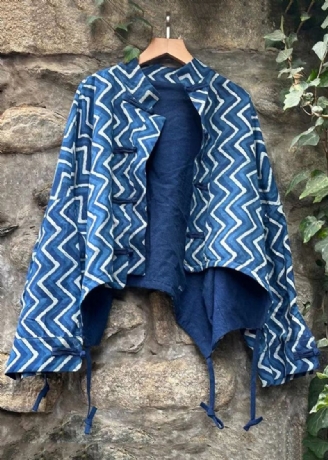 Schicke Blaue Patchwork-baumwollmäntel Mit Knopfleiste Für Den Herbst