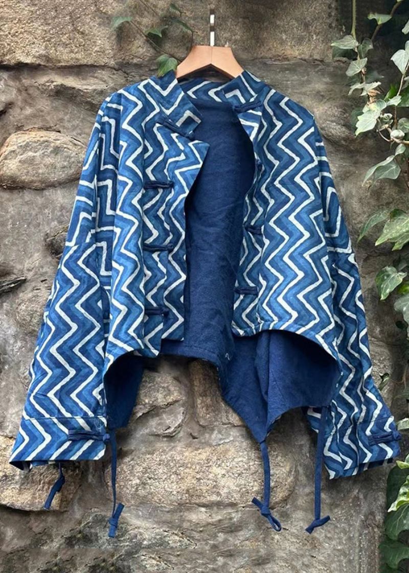 Schicke Blaue Patchwork-baumwollmäntel Mit Knopfleiste Für Den Herbst - Damen-Wintermäntel