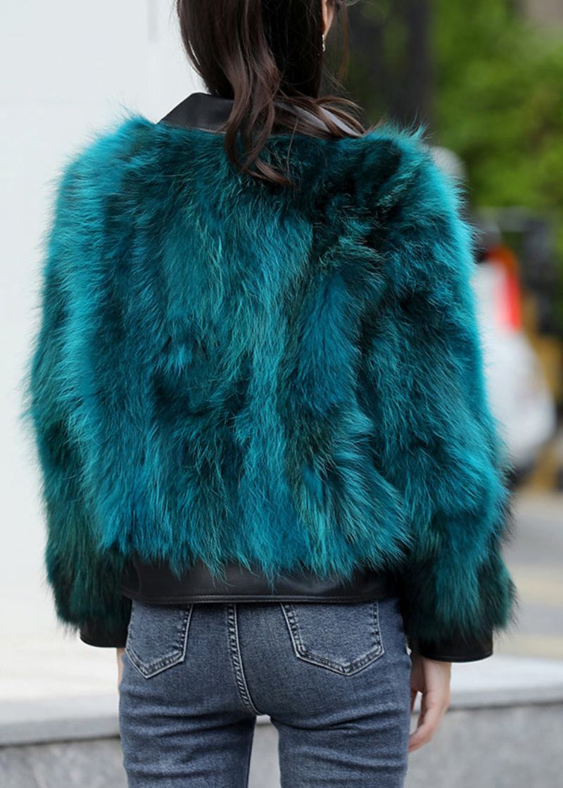 Schicke Pfauenblaue Leder- Und Pelzjacke Mit Langen Ärmeln Und Taschen - Pfauenblau