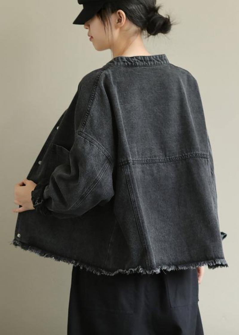 Schicke Schwarze Denim-kleidung In Übergröße Arbeits-stehkragentaschen-oberbekleidung - blau