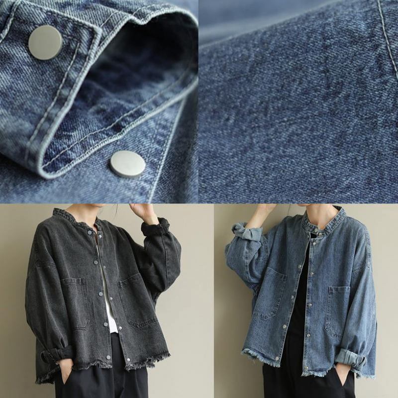 Schicke Schwarze Denim-kleidung In Übergröße Arbeits-stehkragentaschen-oberbekleidung - blau