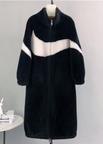 Schicke Schwarze Wolljacke Mit Stehkragen Und Reißverschlusstaschen Für Den Winter