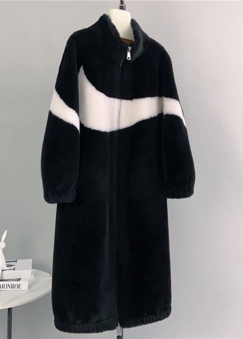 Schicke Schwarze Wolljacke Mit Stehkragen Und Reißverschlusstaschen Für Den Winter - Damen-Wintermäntel