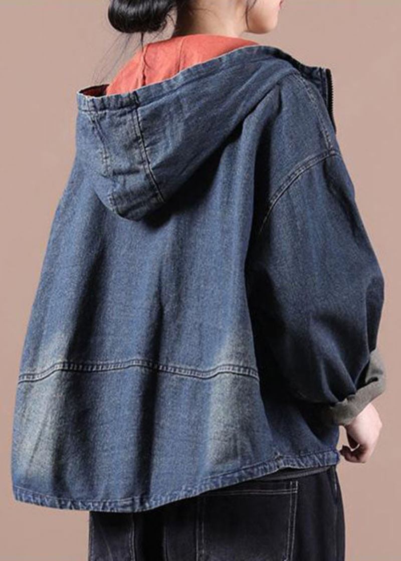 Schicker Blauer Jeansmantel Mit Kapuze Und Taschen Und Reißverschluss Langärmlig - Damen-Wintermäntel