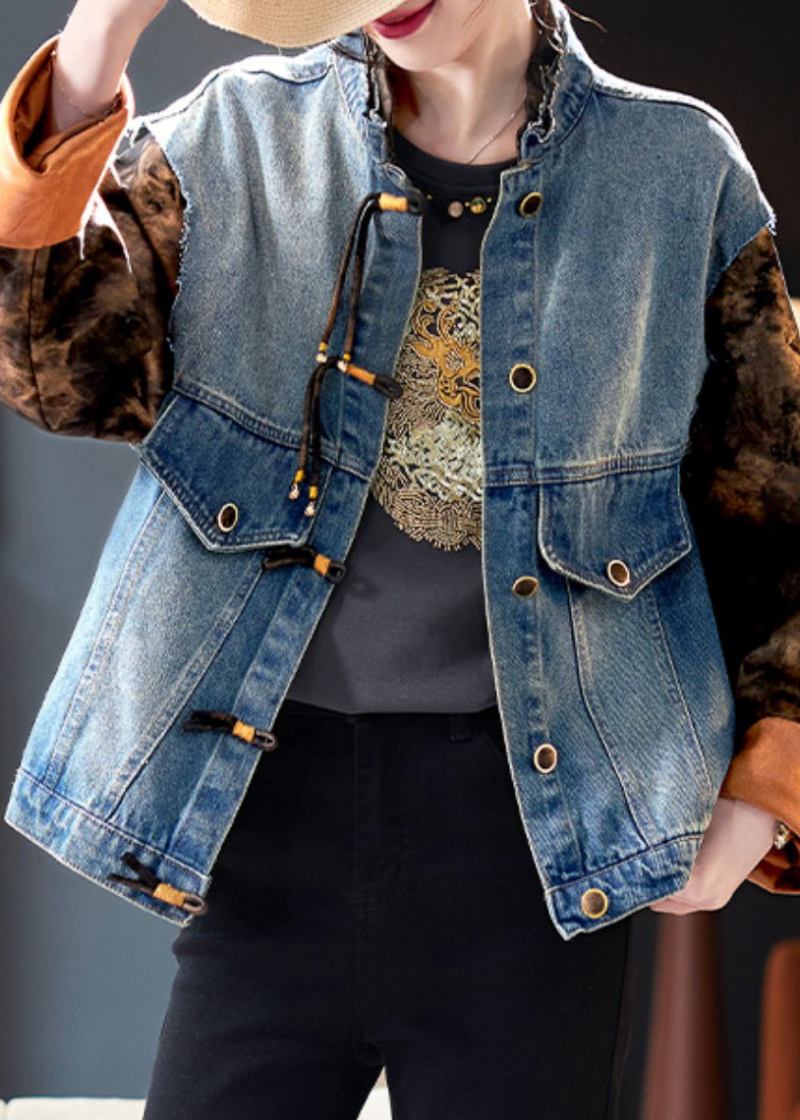 Schickes Blaues Patchwork-jeansmantel Mit Knöpfen Frühling - Damen-Wintermäntel