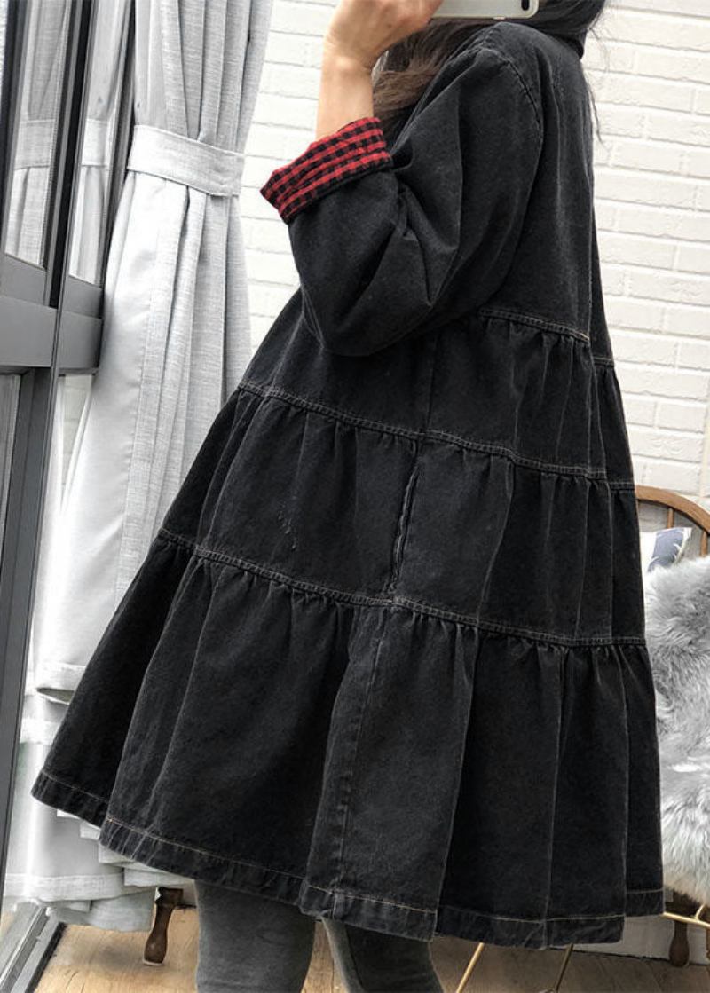 Schickes Lässiges Schwarzes Trenchcoat-kleid Mit Knopf Und Patchwork Für Den Herbst