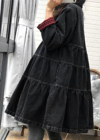 Schickes Lässiges Schwarzes Trenchcoat-kleid Mit Knopf Und Patchwork Für Den Herbst