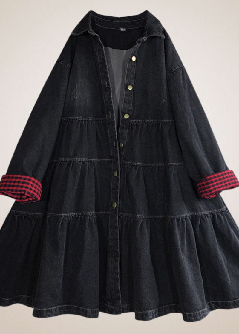 Schickes Lässiges Schwarzes Trenchcoat-kleid Mit Knopf Und Patchwork Für Den Herbst - Damen-Wintermäntel