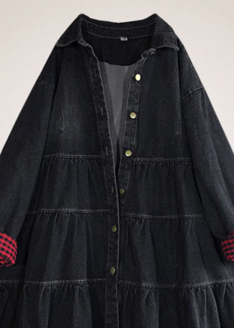 Schickes Lässiges Schwarzes Trenchcoat-kleid Mit Knopf Und Patchwork Für Den Herbst - Damen-Wintermäntel