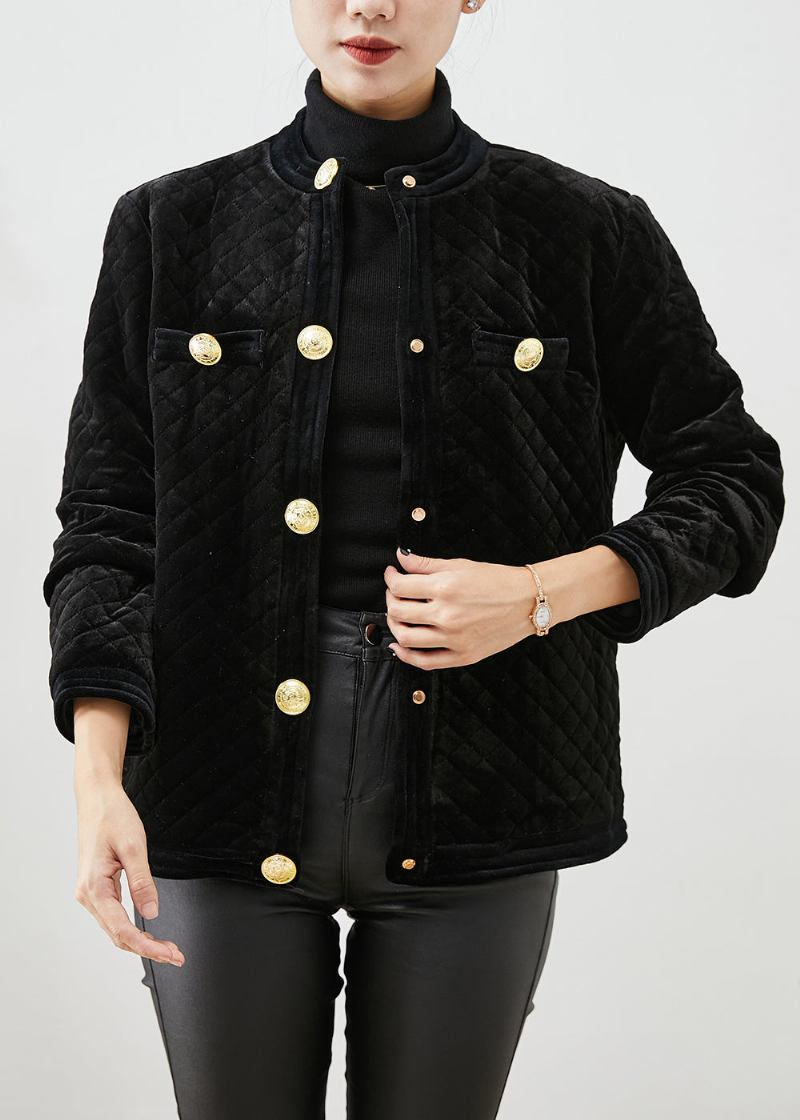 Schlank Geschnittene Schwarze Seidenveloursjacke Mit Metallknöpfen Für Den Winter - Damen-Wintermäntel