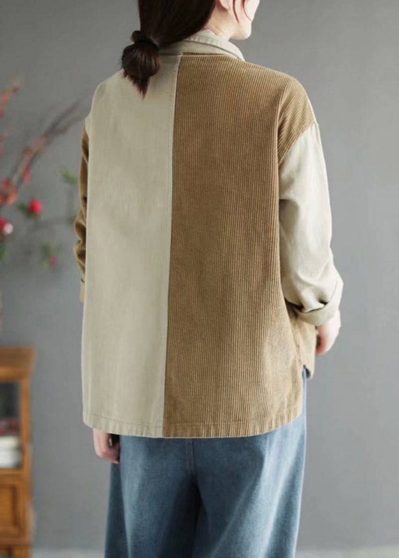 Schöne Beige Patchwork-cordmäntel Mit Peter-pan-kragen Lange Ärmel - Beige