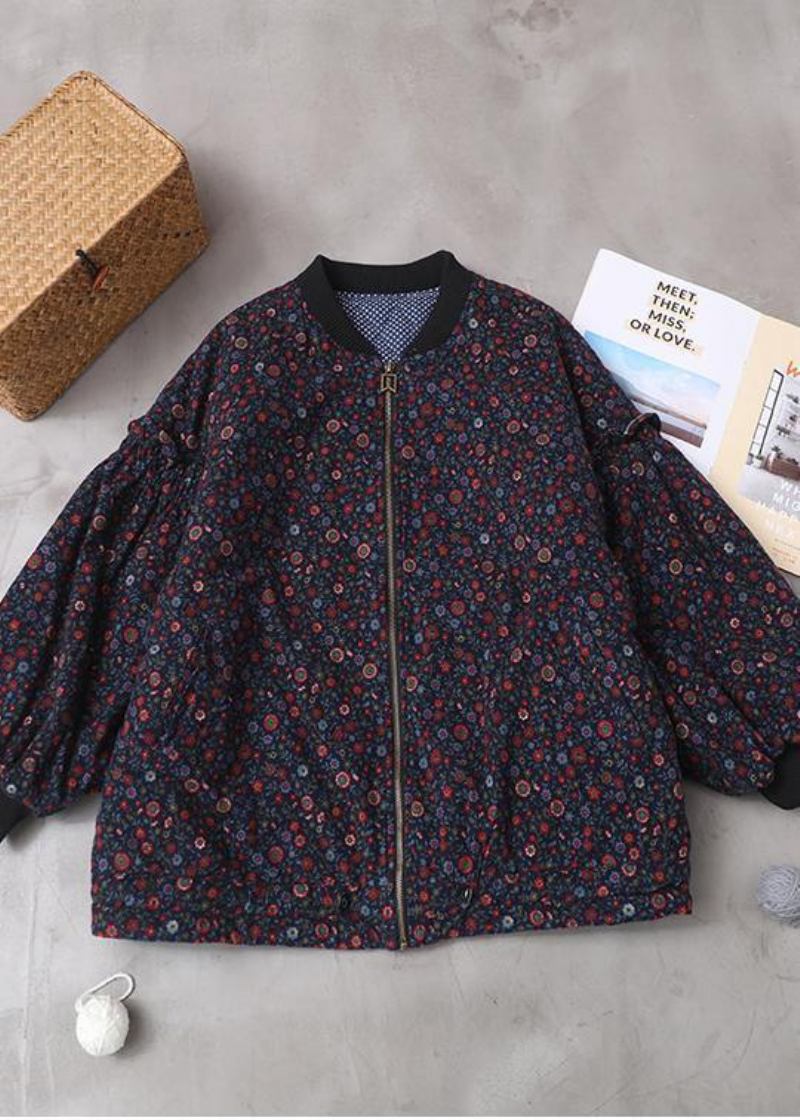 Schöne Blaue Blumenmäntel Für Damen Locker Sitzende Winterjacke Mit Reißverschluss Patchwork Rundhalsausschnitt - blau