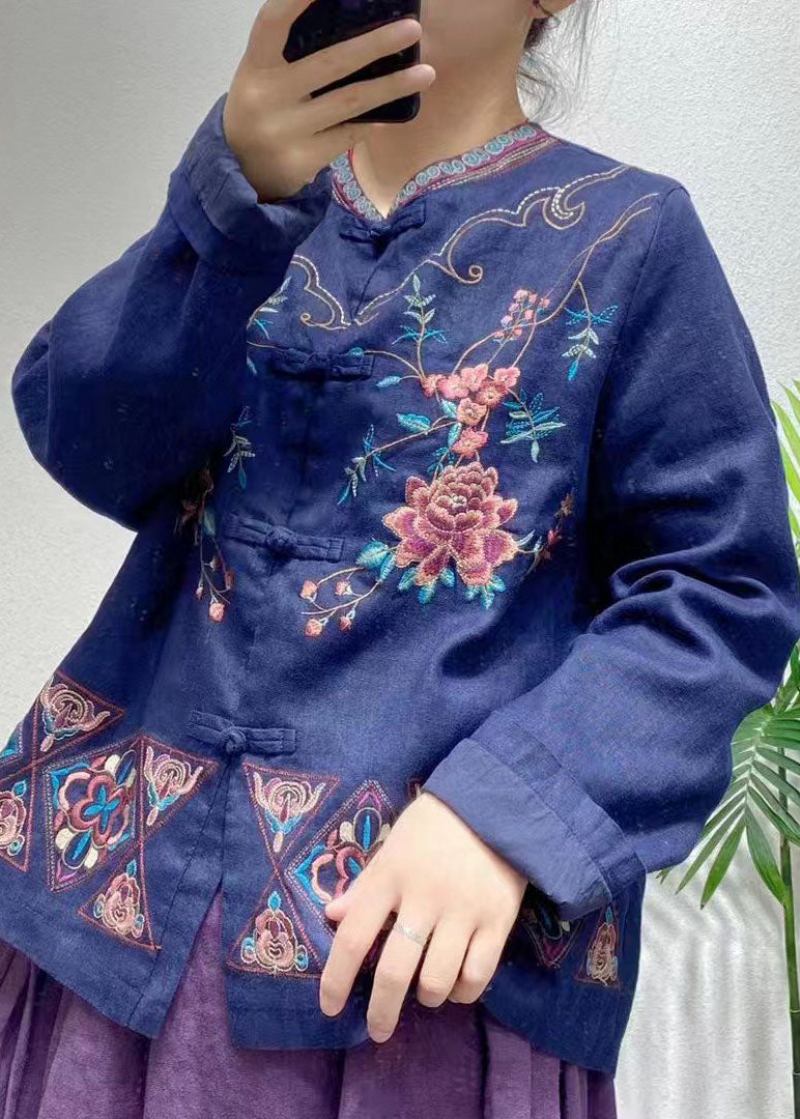 Schöne Blaue Leinenmäntel Mit Orientalischen Knöpfen Und Stickereien Im Chinesischen Stil Frühling - Damen-Wintermäntel