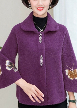 Schöne Violette Strickmäntel Aus Nerzhaar Mit Quadratischem Kragen Und Blumenmuster Für Den Winter