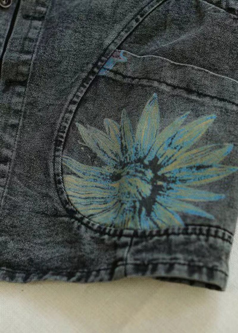 Schwarz-graue Jeansweste Für Damen Mit Print Am Halsausschnitt Für Den Herbst - Damen-Wintermäntel