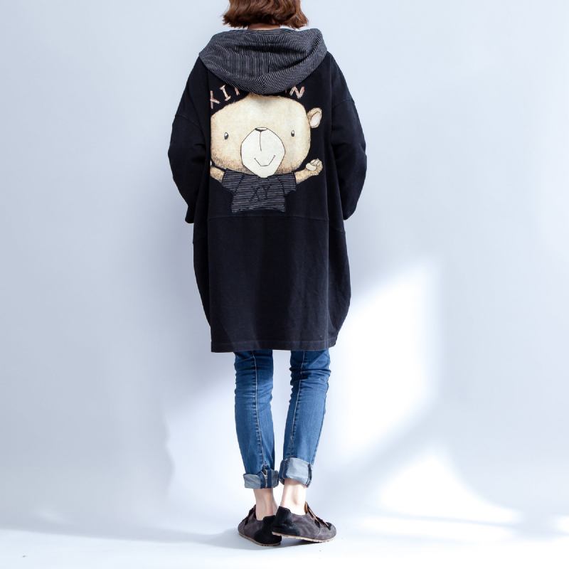 Schwarze Baumwoll-trenchcoats Mit Cartoon-print Übergröße Lässig Dicke Strickjacken Oberbekleidung - Damen-Wintermäntel