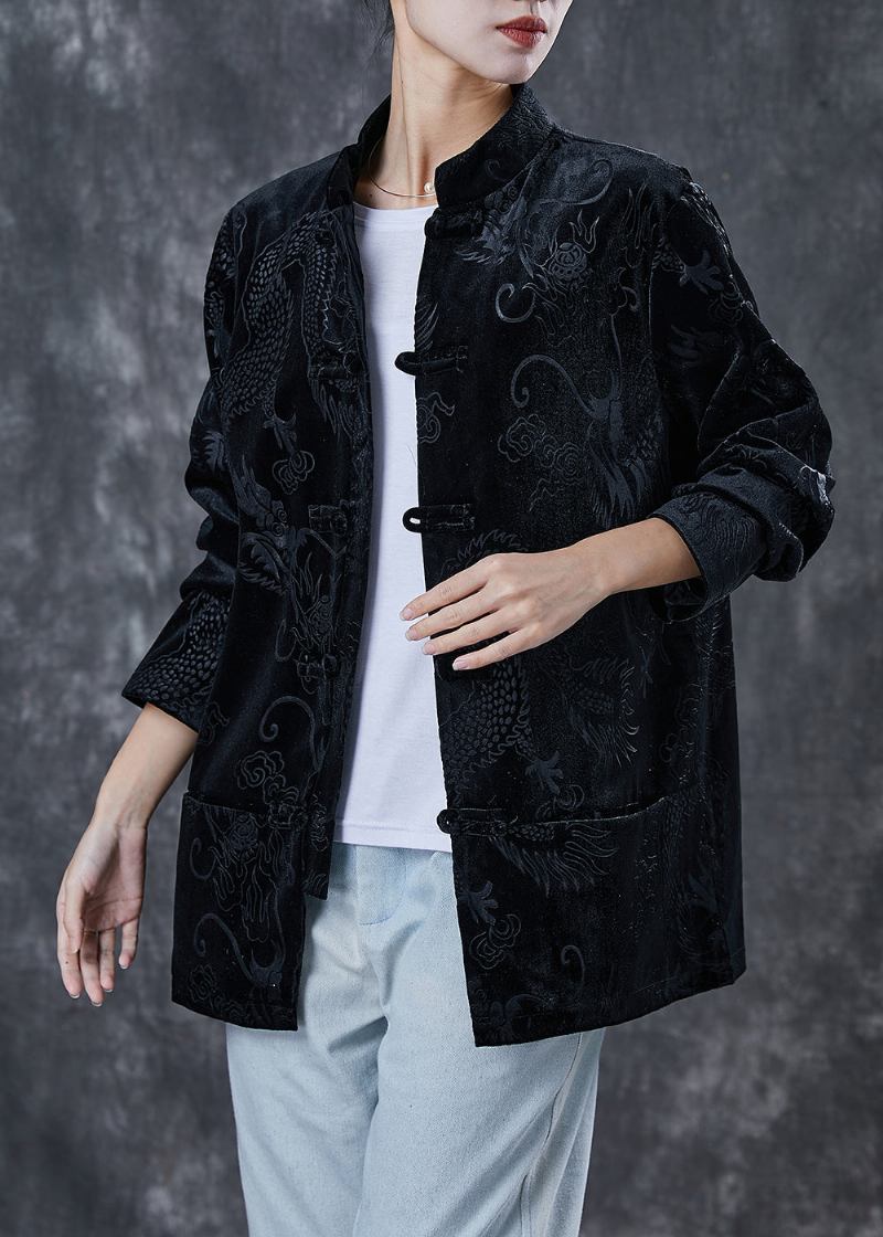 Schwarze Cordjacke Im Chinesischen Stil Mit Stickerei Frühling