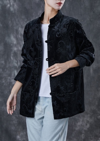 Schwarze Cordjacke Im Chinesischen Stil Mit Stickerei Frühling