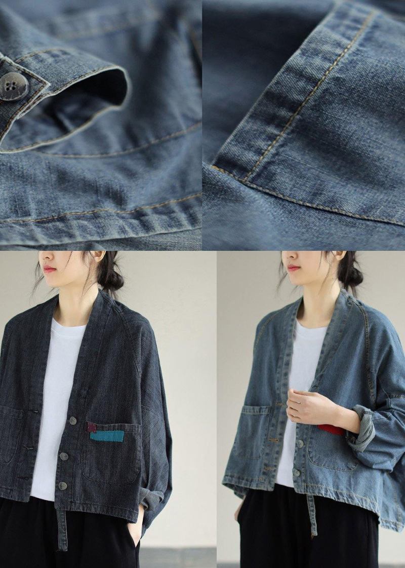 Schwarze Denim-mäntel Für Damen V-ausschnitt Button-down-mäntel Frühling - Schwarz