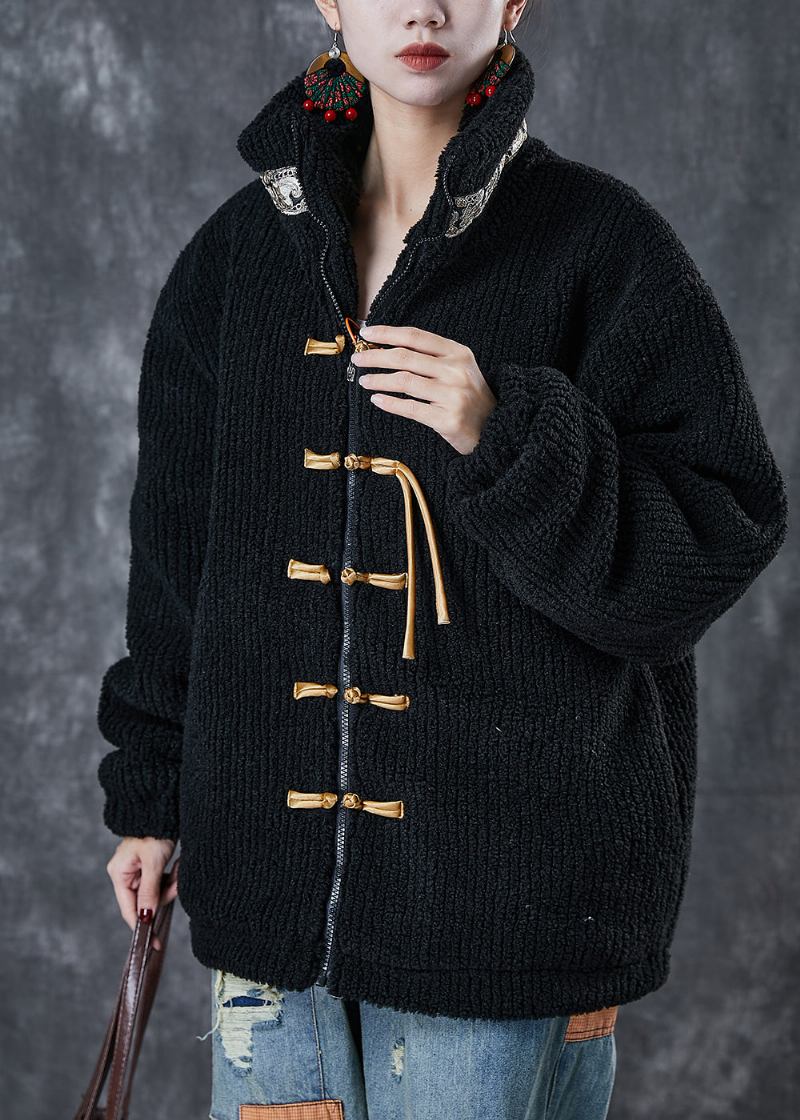 Schwarze Patchwork-jacke Aus Feiner Baumwolle Mit Reißverschluss Und Chinesischem Knopf Für Damen Winter