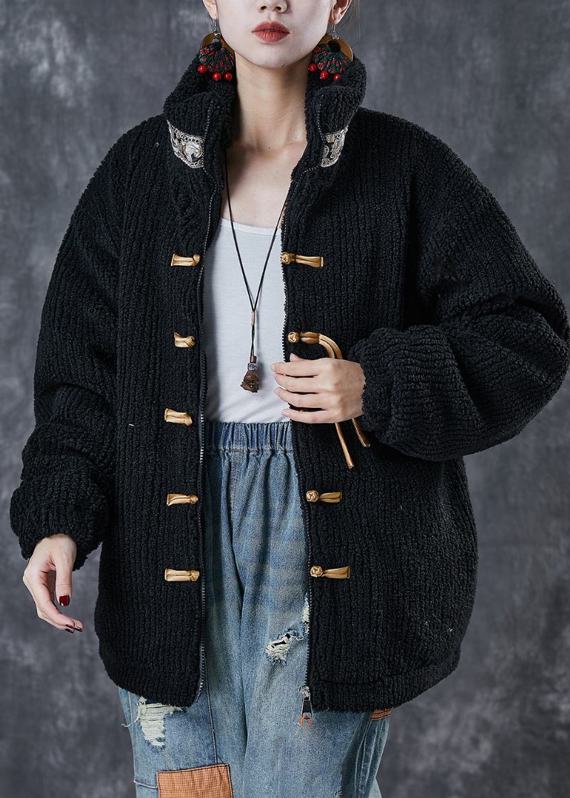 Schwarze Patchwork-jacke Aus Feiner Baumwolle Mit Reißverschluss Und Chinesischem Knopf Für Damen Winter - Damen-Wintermäntel