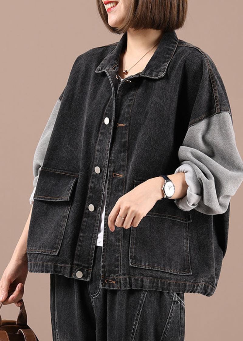 Schwarze Patchwork-jeansjacke Mit Langen Ärmeln Im Boho-stil Mit Patchwork-taschen Im Herbst - Schwarz