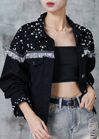 Schwarze Patchwork-jeansjacke Mit Nagelperlen Im Bohemian-stil Frühling