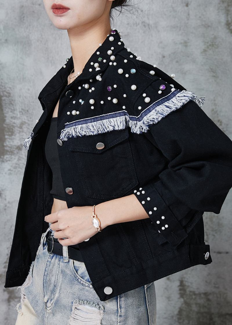 Schwarze Patchwork-jeansjacke Mit Nagelperlen Im Bohemian-stil Frühling - Damen-Wintermäntel