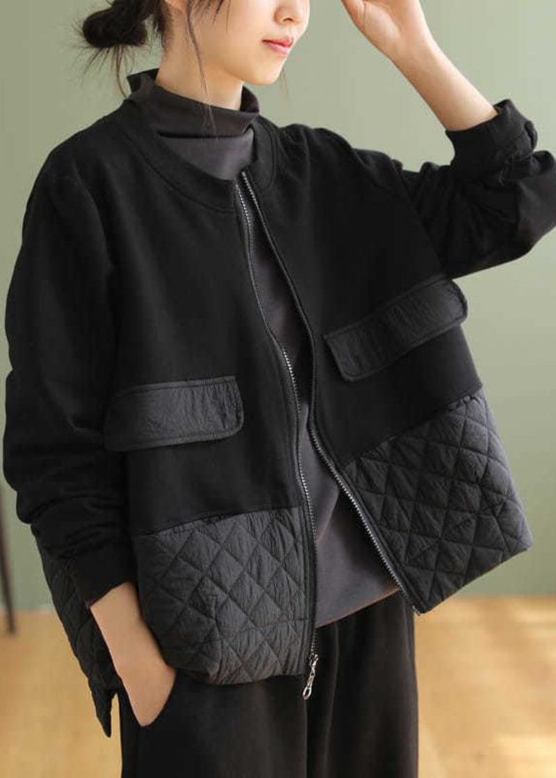 Schwarze Warme Fleecejacke Mit Reißverschluss Im Patchwork-stil In Übergröße Frühling