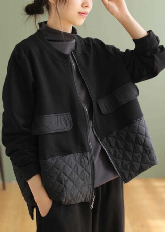 Schwarze Warme Fleecejacke Mit Reißverschluss Im Patchwork-stil In Übergröße Frühling