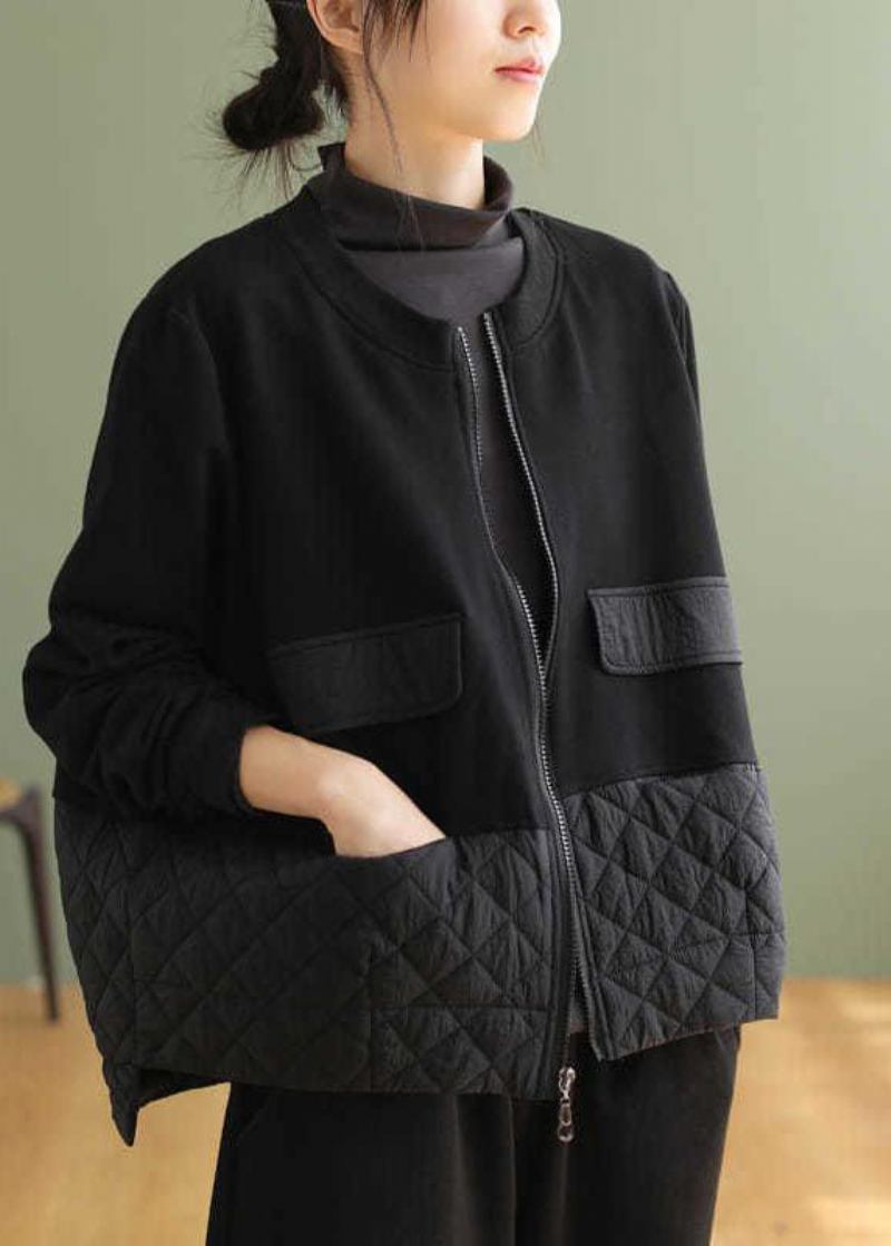 Schwarze Warme Fleecejacke Mit Reißverschluss Im Patchwork-stil In Übergröße Frühling - Damen-Wintermäntel