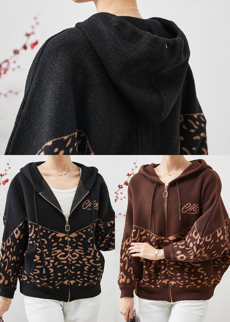 Schwarze Wolljacken Mit Leopardenmuster Und Kapuze Frühling - Damen-Wintermäntel