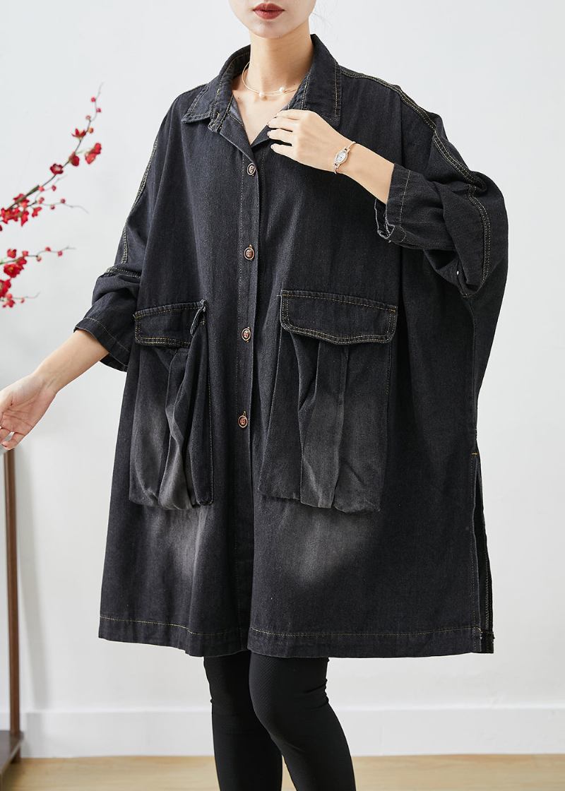 Schwarzer Denim-trenchcoat Übergroße Taschen Fledermausflügel Ärmel