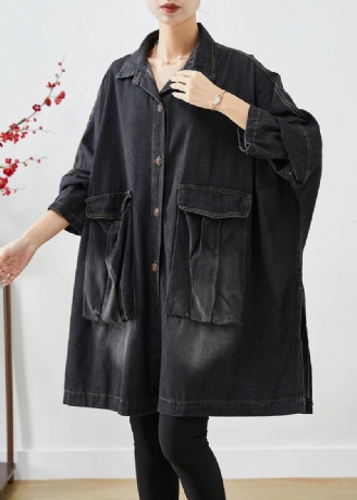 Schwarzer Denim-trenchcoat Übergroße Taschen Fledermausflügel Ärmel