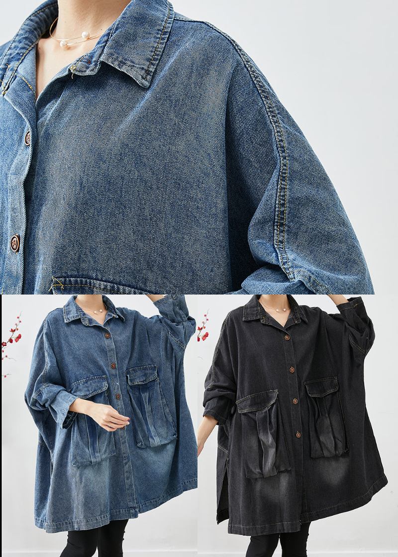 Schwarzer Denim-trenchcoat Übergroße Taschen Fledermausflügel Ärmel - Damen-Wintermäntel