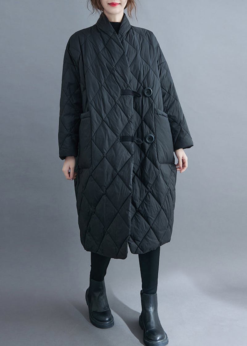 Schwarzer Langer Parka Mit Patchwork-muster Und Baumwollfüllung Mit V-ausschnitt Und Langen Ärmeln - Damen-Wintermäntel