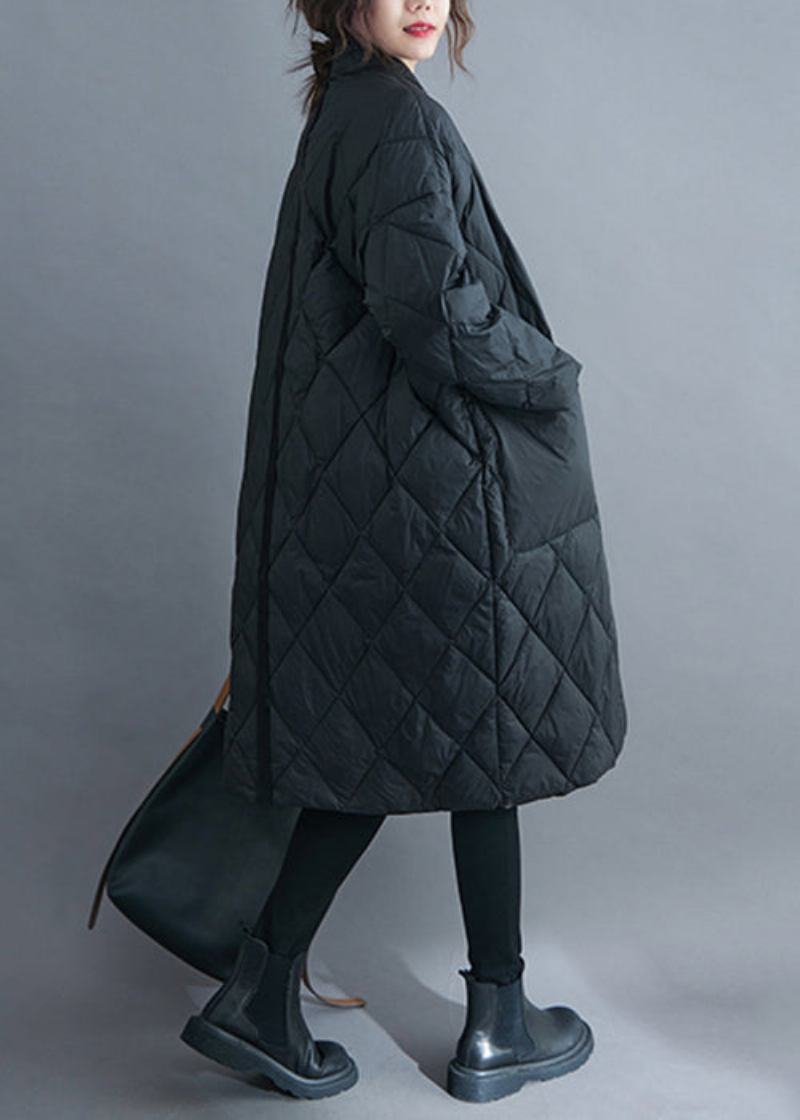 Schwarzer Langer Parka Mit Patchwork-muster Und Baumwollfüllung Mit V-ausschnitt Und Langen Ärmeln - Damen-Wintermäntel