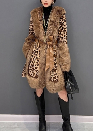 Sexy Leopardenpelzkragen Druck Patchwork Knopf Taille Nerzsamt Leder Und Pelz Dicker Mantel Winter